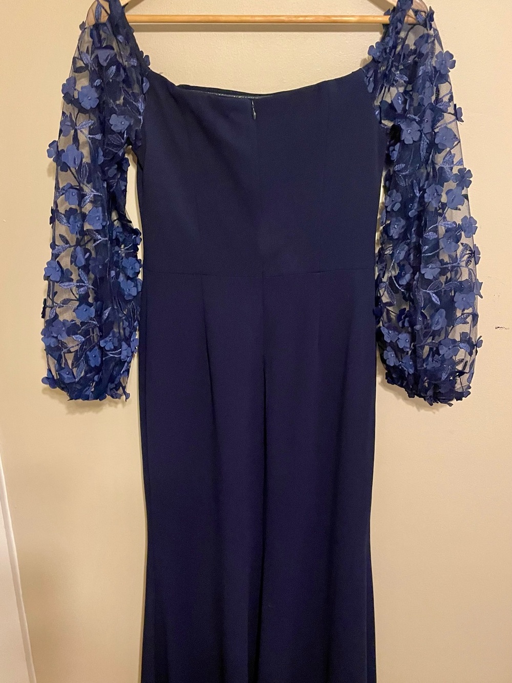 Eliza J Navy Off-Shoulder Gown with Embroidered Sheer Sleeves - Picture 4 of 5